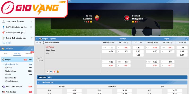 Kèo tài xỉu trận AS Roma vs Midtjylland (00:45 ngày 28/11, Cúp Europa UEFA)