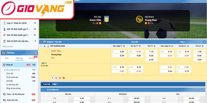 Kèo tài xỉu trận Aston Villa vs Young Boys (00:45 ngày 28/11, Cúp Europa UEFA)