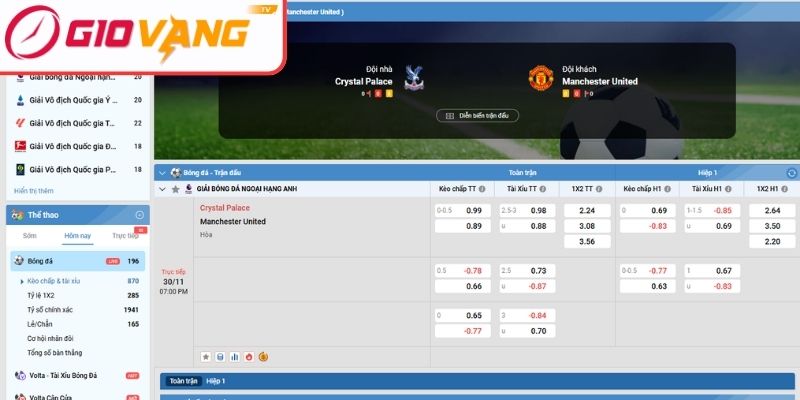 Kèo châu Á trận Crystal Palace vs Manchester United (19:00 ngày 30/11, Premier League)
