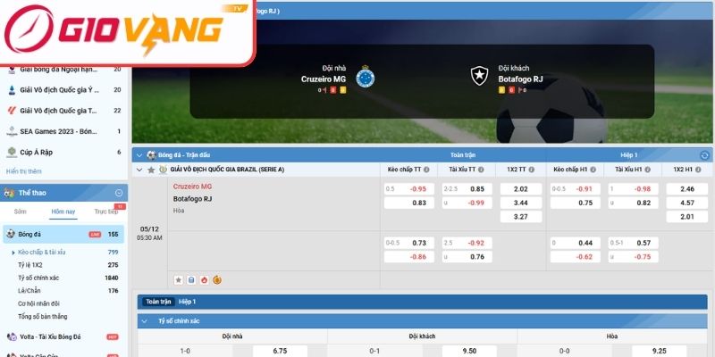 Kèo châu Á trận Cruzeiro MG vs Botafogo RJ (05:30 ngày 05/12, Serie A)