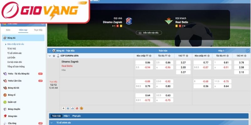 Kèo châu Á trận Dinamo Zagreb vs Real Betis (00:45 ngày 12/12, Cúp Europa UEFA)