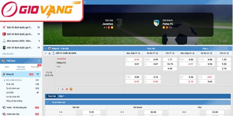 Kèo châu Á trận Juventus vs Pafos FC (03:00 ngày 11/12, Cúp C1)