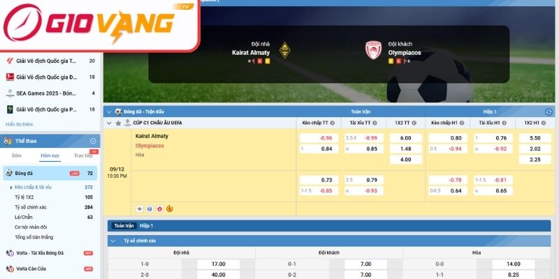 Kèo châu Á trận Kairat Almaty vs Olympiacos (22:30 ngày 09/12, Cúp C1)