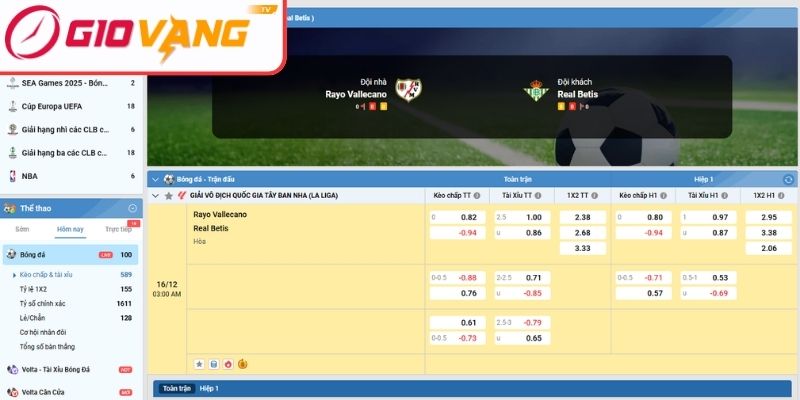 Kèo châu Á trận Rayo Vallecano vs Real Betis (03:00 ngày 16/12, La Liga)