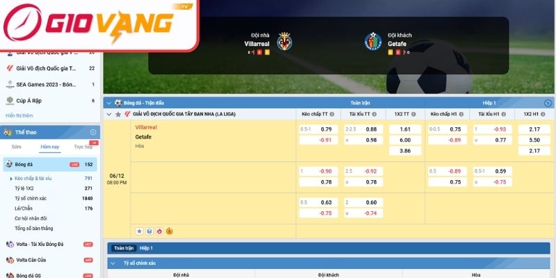 Kèo châu Á trận Villarreal vs Getafe (20:00 ngày 06/12, La Liga)